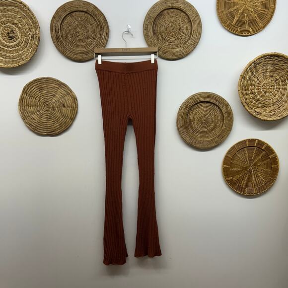 Maniere De Voir Ribbed Knit Pants Small Button Slit Elastic Waist Flare - Picture 3 of 8